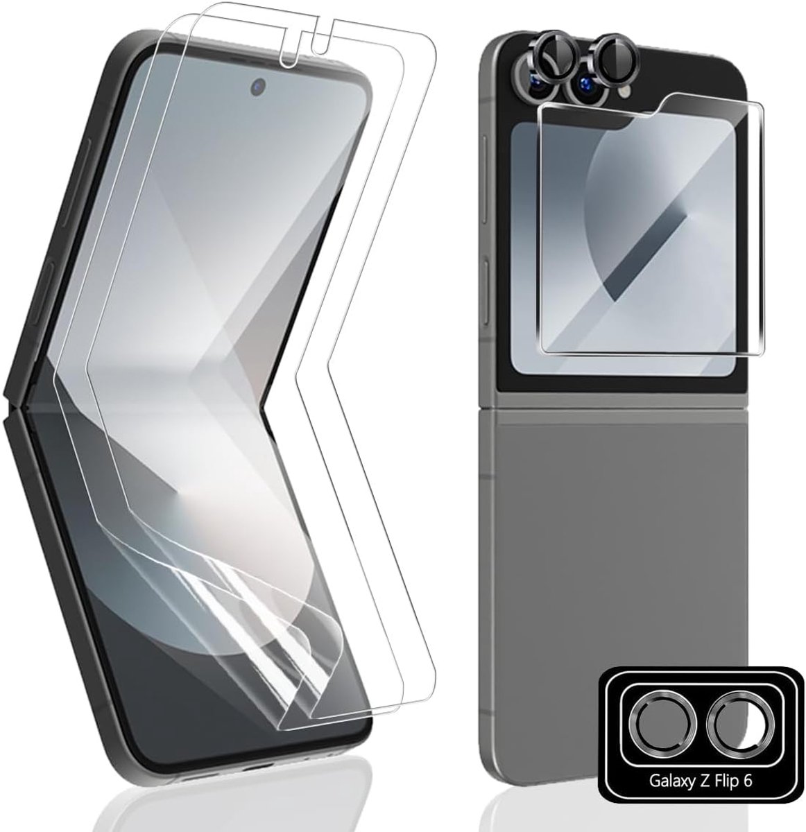 2 + 1 + 1 stuks displaybeschermfolie voor Samsung Galaxy Z Flip 6 (geen gehard glas), Z Flip 6 flexibele TPU-folie met gehard glas aan de buitenkant met cameralens voor Z Flip 6