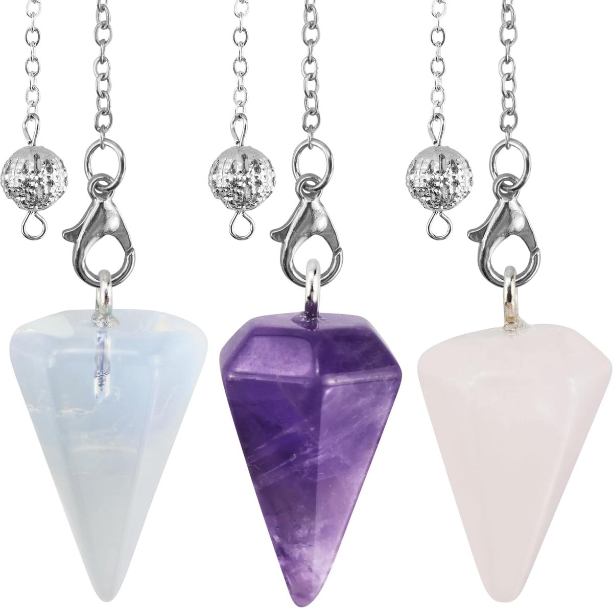 3 stuks kristallen slinger amethist rozenkwarts heldere kwarts slinger voor waarzeggerij wenshengel kristal edelstenen kegel hanger Reiki Wicca Witchcraft benodigdheden