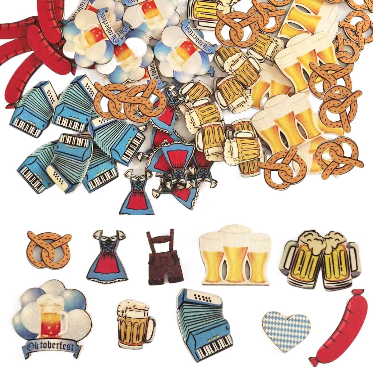 50 stuks Oktoberfest-decoratie, Beierse decoratie, hout, strooidecoratie, party, tafeldecoratie, pretzel, bier, confetti, papieren accessoires, Beierse tafeldecoratieset, bierfeestdecoraties