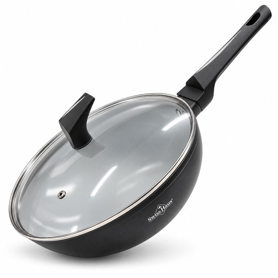 Swiss Haus® LW30B Wokpan Inductie met Deksel - Ø 30 cm / 4.5 Liter - PFAS Vrij - Wokpannen Voor Alle Warmtebronnen - Wok Pan Met Sapphire™ Antiaanbaklaag - Zwart