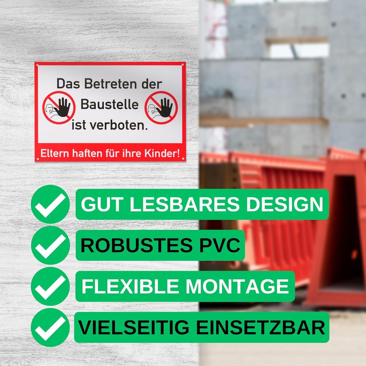 "Das Betreten der Baustelle ist verboten", 1 stuk, 30 x 20 cm, 2,7 mm dik pvc-bord met boorgaten, bouwplaatje voor buiten, verbodsbord ouders hechten voor hun kinderen