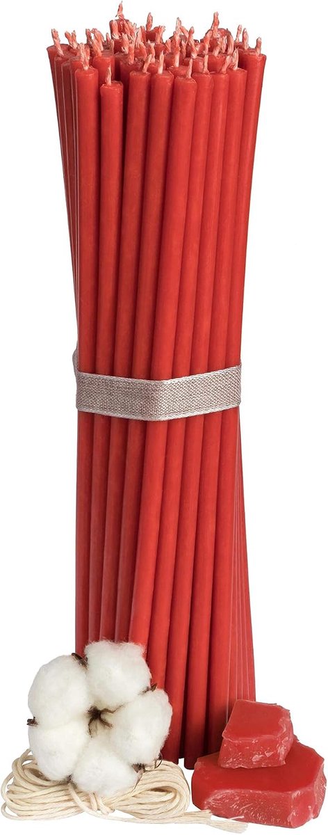 Kerkelijke bijenwaskaarsen, No40-50 stuks, hoogwaardige rituele kaarsen, L-26,5 cm Ø-7,15 mm, 120 minuten brandduur in rood, 500 g dunne kaarsen, druppel- en rookvrij