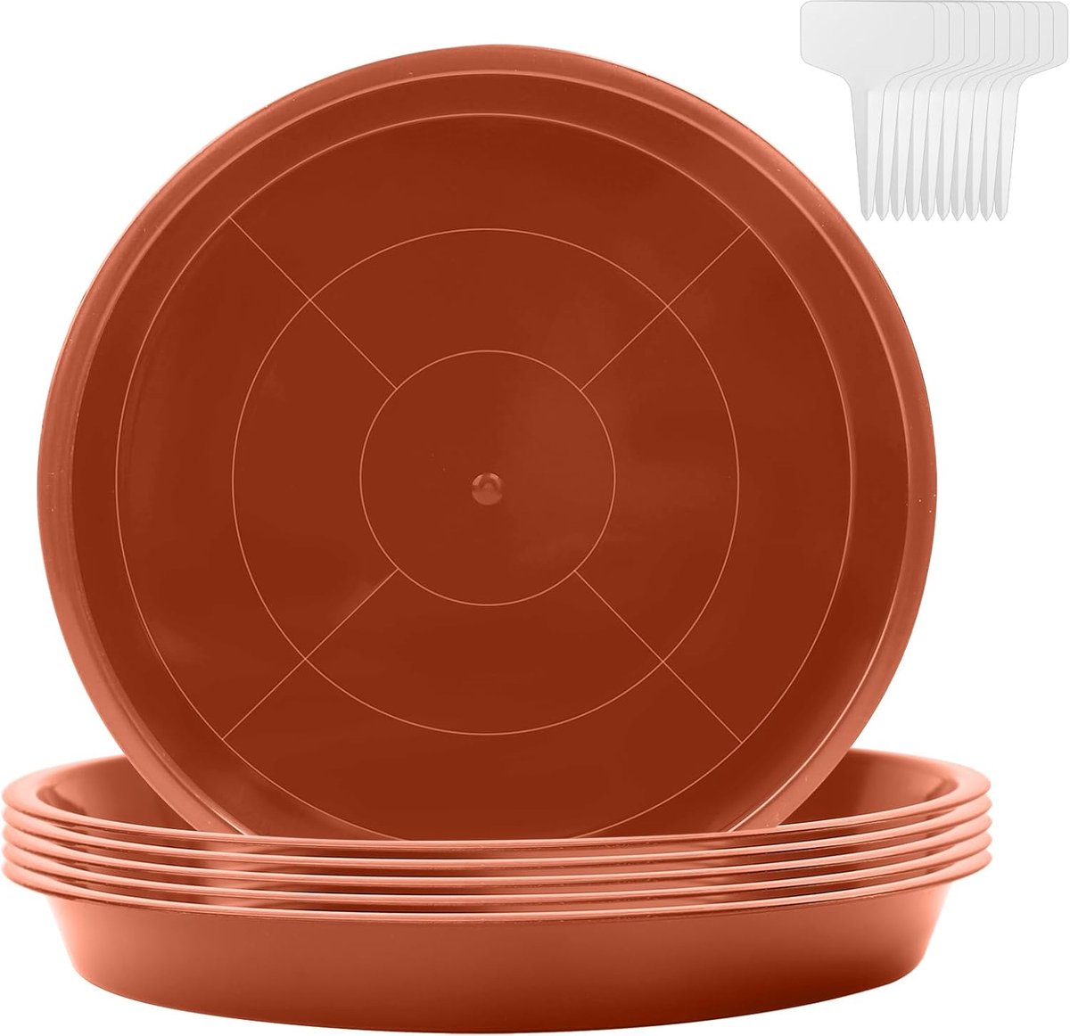 6 stuks bloempotonderzetters, rond, met 10 etiketten, kunststof onderzetters voor bloempotten, binnen- en buitenplanten, rood, diameter 40 cm