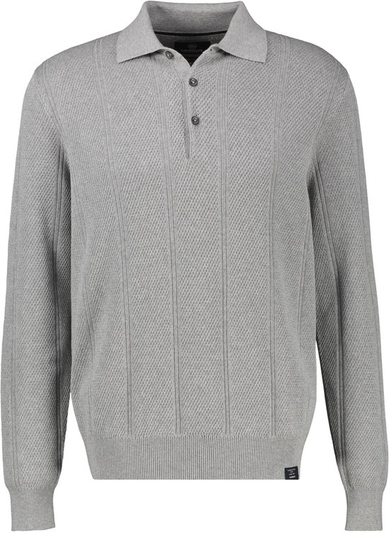Grijze polo met lange mouwen, verfijnde verticale strepen en een klassieke kraag met knopen.