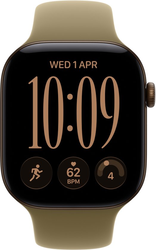 Gouden Apple Watch met taupe bandje, wijzerplaat toont 'WED 1 APR', '10:09', rennende icoon, '62 BPM' en '4'.