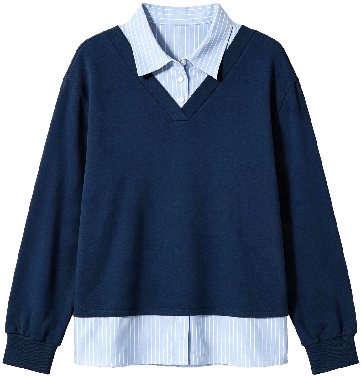 Ulla Popken - Dames - Sweatshirt laagjeslook V-hals lange mouwen - Inktblauw - Maat 54+