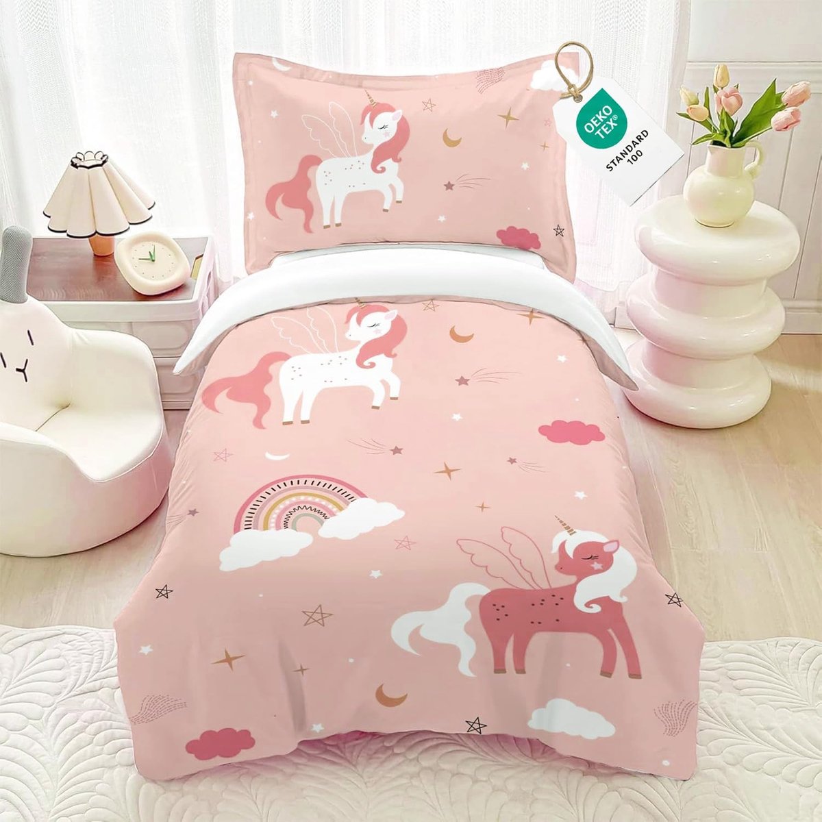 Dekbedovertrek 100x135 cm Roze met Kussensloop 40x60 cm - Dekbedovertrek voor Kinderen, Eenhoorn Print, Uiterst Zacht, Slaapkamer Decor