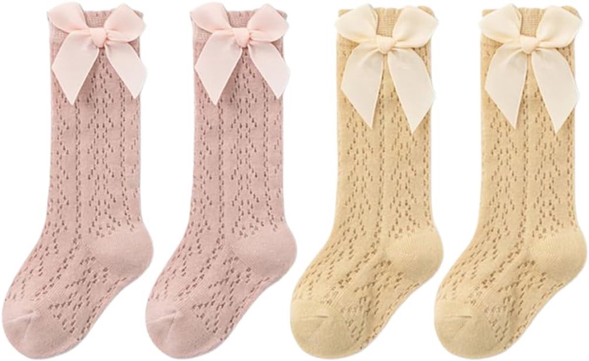 Sokken voor meisjes, zomersokken voor baby's, hoge netsokken met strik, prinsessenstijl, 2 paar, geschikt voor baby's van 1 tot 3 jaar.