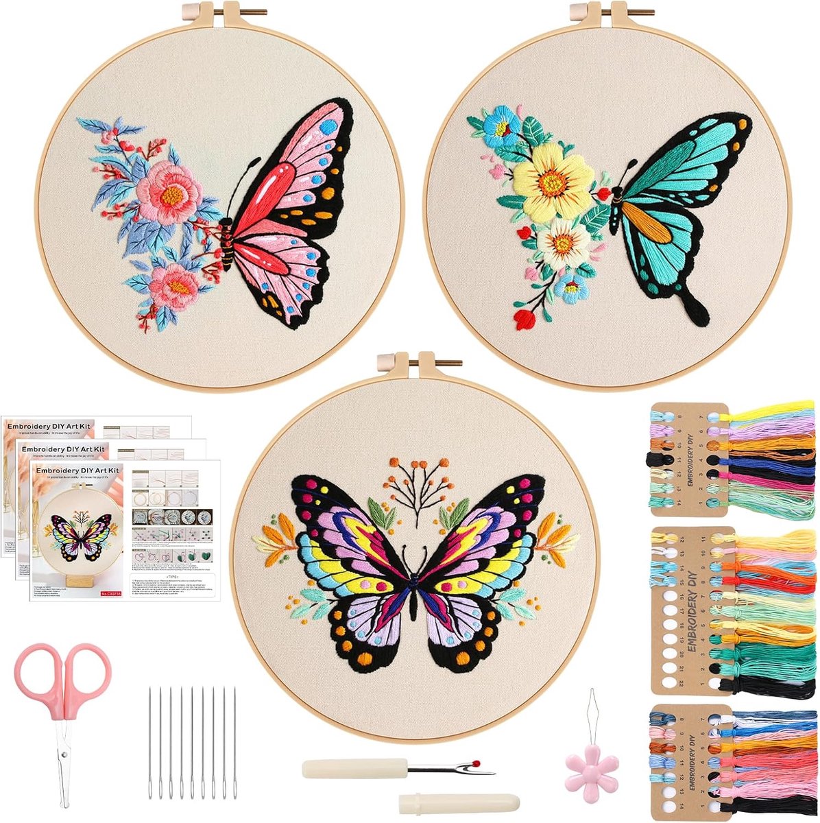 3pcs Borduursets voor met Vlinderpatroon, Borduurstarterkit voor en Volwassenen, Borduurset voor Volwassenen, Borduurgarenset Beginners om 28 verschillende Steken te leren