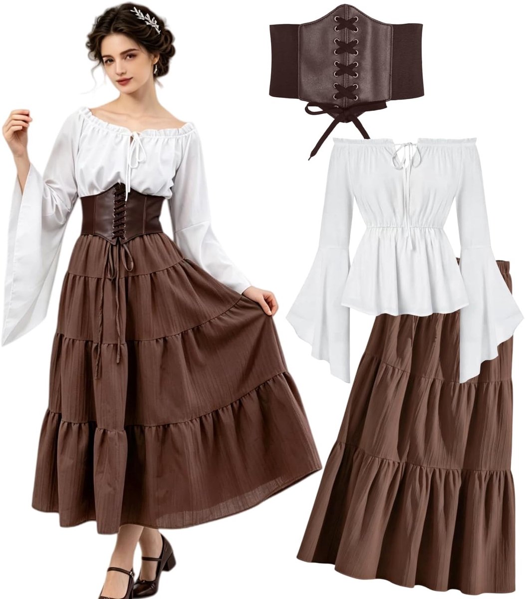 kasahara Middeleeuwse kleding voor dames, renaissance-jurk voor dames, off-shoulder blouse en rok met korset, retro, feeën, piraten, heksenkostuum voor Halloween, kameval, LARP