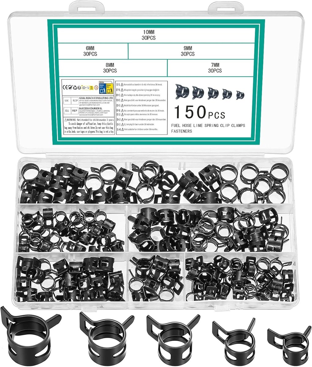 Veerklemmen, veerclips, slangklemmen, verstelbaar, veerklemmen voor slangen (zwart, 6 mm/7 mm/8 mm/9 mm/10 mm)