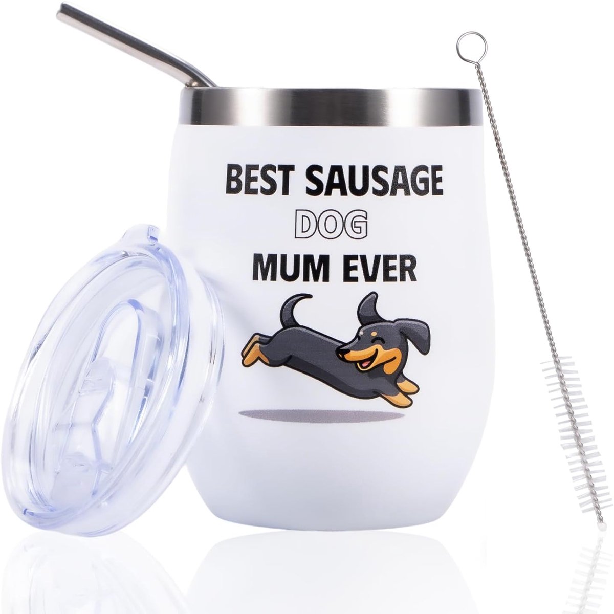 Roestvrijstalen beker met rietjeshouder – Best Sauce Dog Mom Ever, cadeau voor teckelmoeders, thermobeker 350 ml, thermobeker voor koffie en wijn, cadeau voor hondenliefhebbers