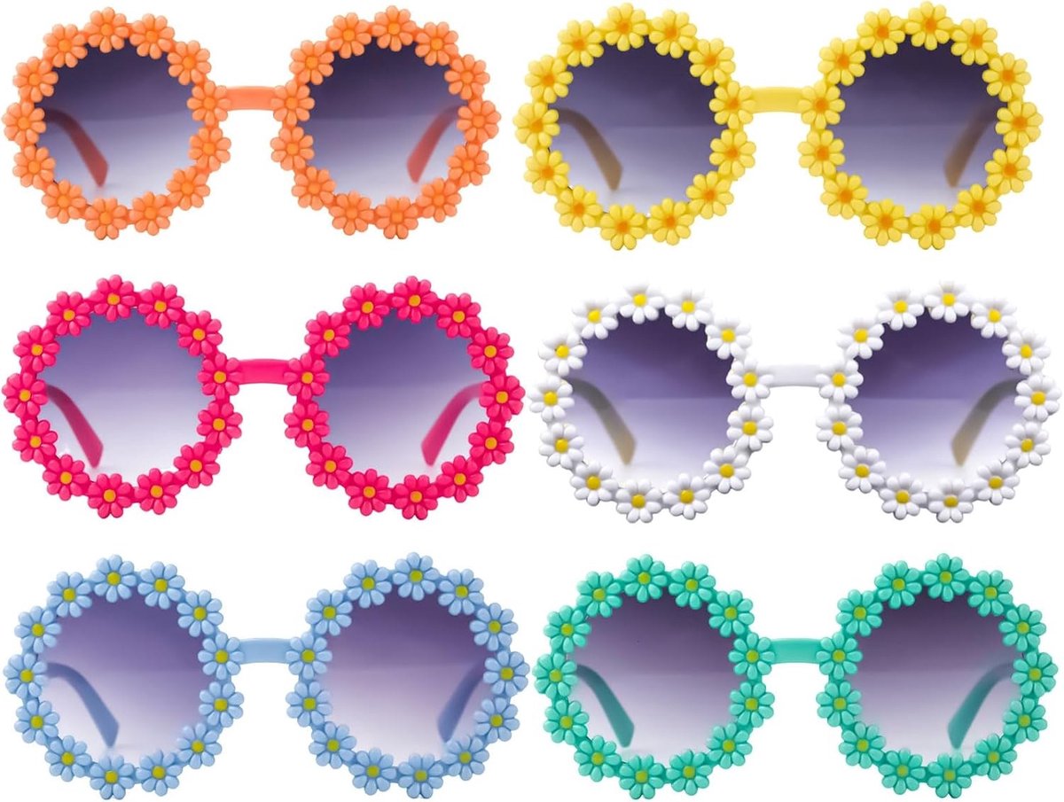 Kleurrijke Zonnebrillen Set voor Kinderen - 6 Stuks Bloemvormige Zonnebrillen voor Meisjes, Perfect voor Feestjes en Strandactiviteiten in Wit, Roze, Blauw, Groen, Oranje en Geel