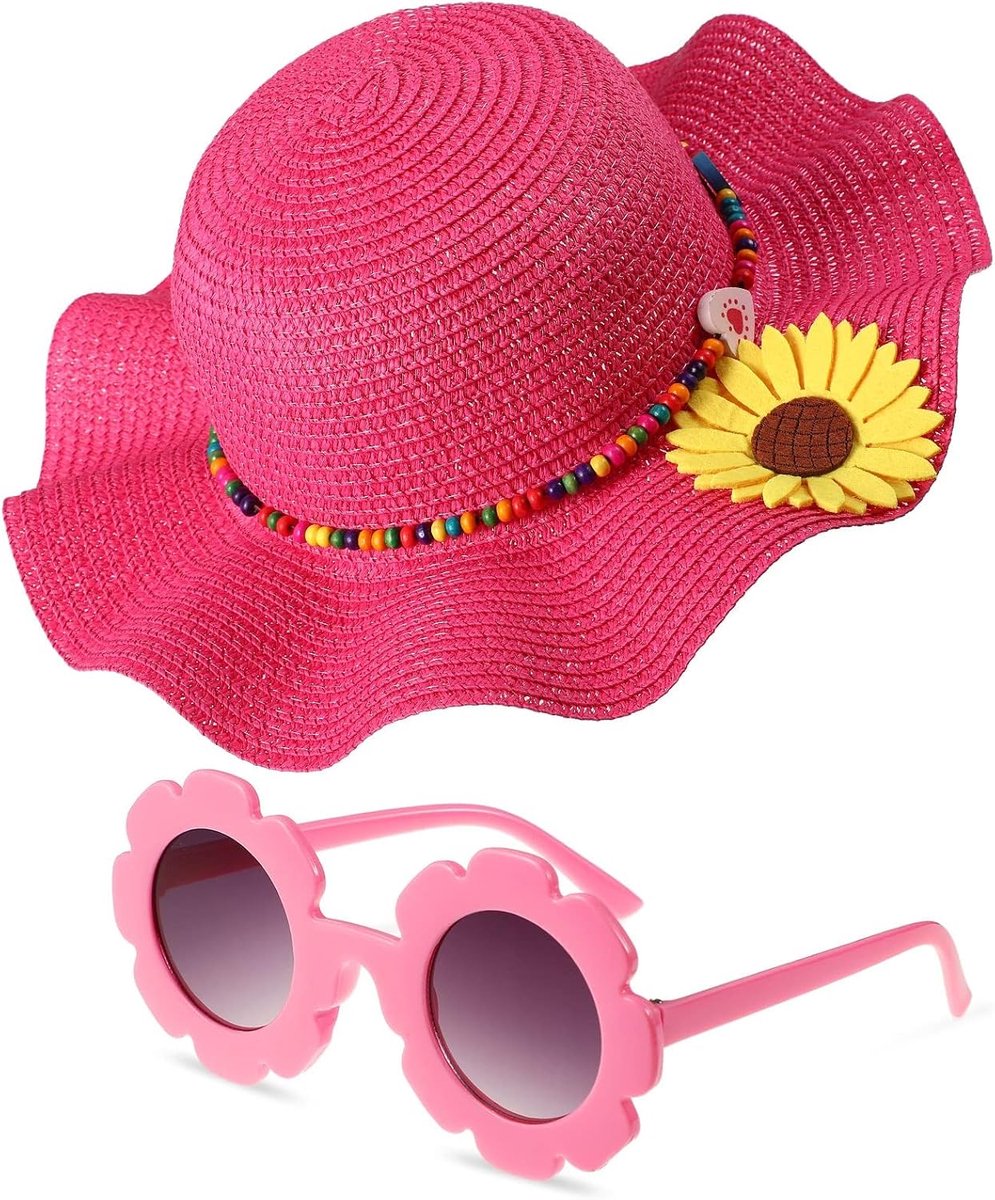 Strohoed voor kinderen, meisjes, zonnebril, kinderen, zomerhoed voor meisjes, met ronde bloemenbril, voor reizen, strand, vakantie, picknick