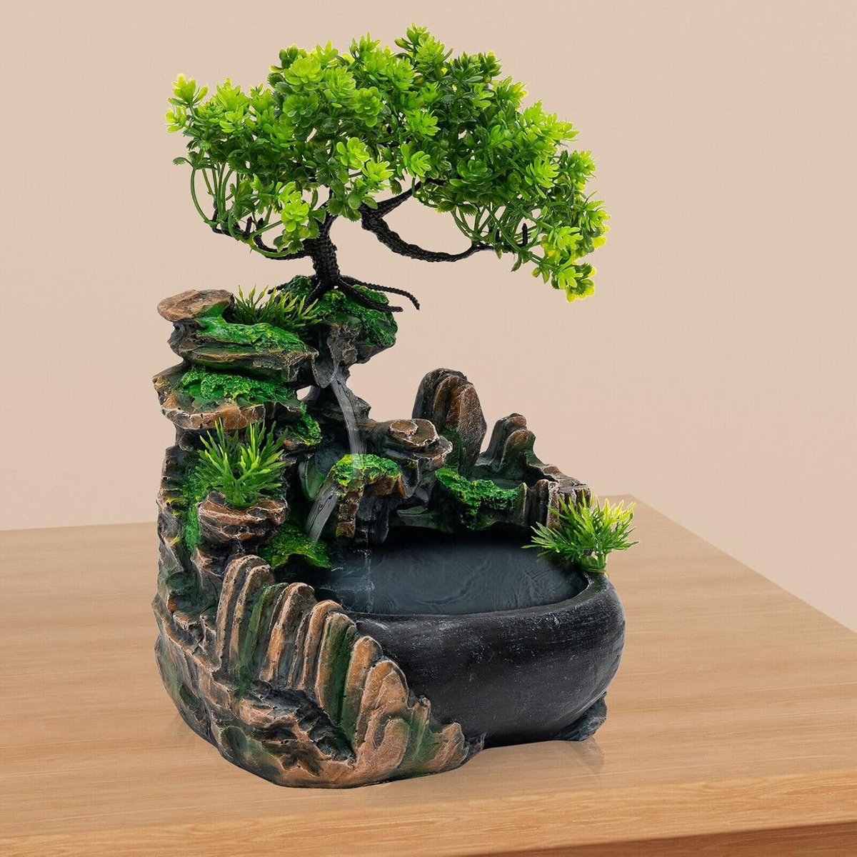 Gebergmodel, tafelfontein, ornament met verlichting, tafel, watervalfontein, tafel-waterval, 200 x 150 x 280 mm