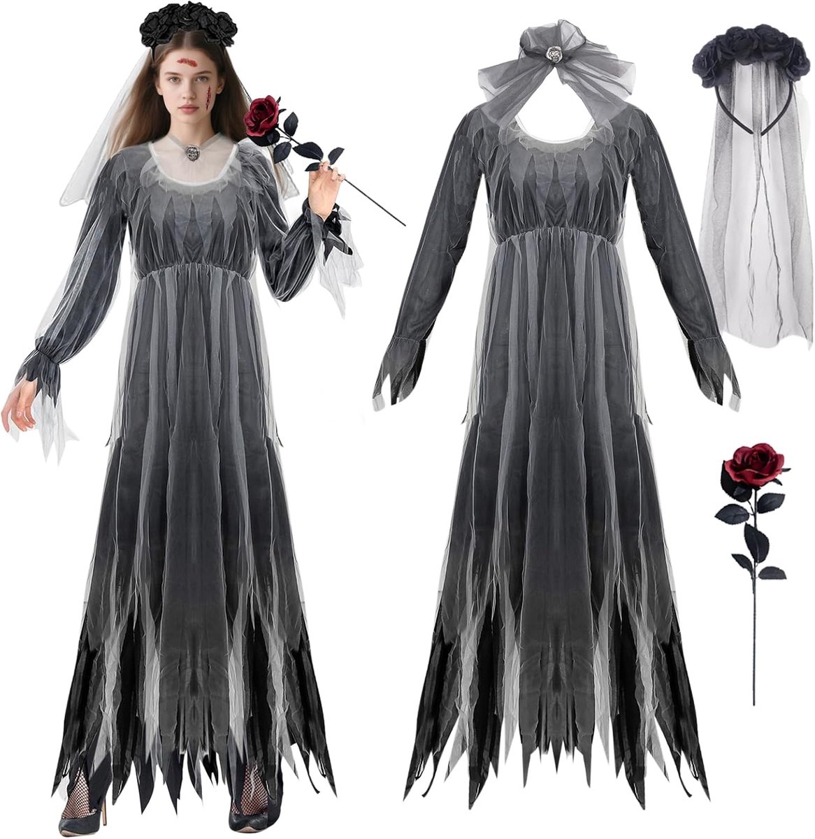 Halloweenkostuum voor dames, spookbruid, zombiebruid, kostuum voor dames, vampier, lange jurk, bruiden, kostuums voor dames, volwassenen, horror, bruid, kostuum, carnaval, heksenjurk voor
