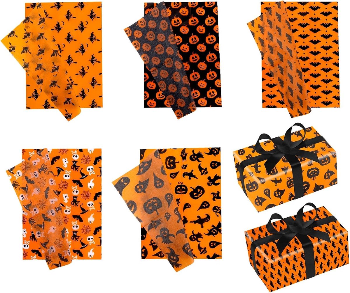 30 Vellen Halloween Vloeipapier, 35x50cm Inpakpapier Pompoenen Spoken Schedels Vleermuizen Spinnenweb Bedrukt 5 Stijlen Verpakking Cadeaus voor Halloween Feest Decoratiebenodigdheden (Set 4)