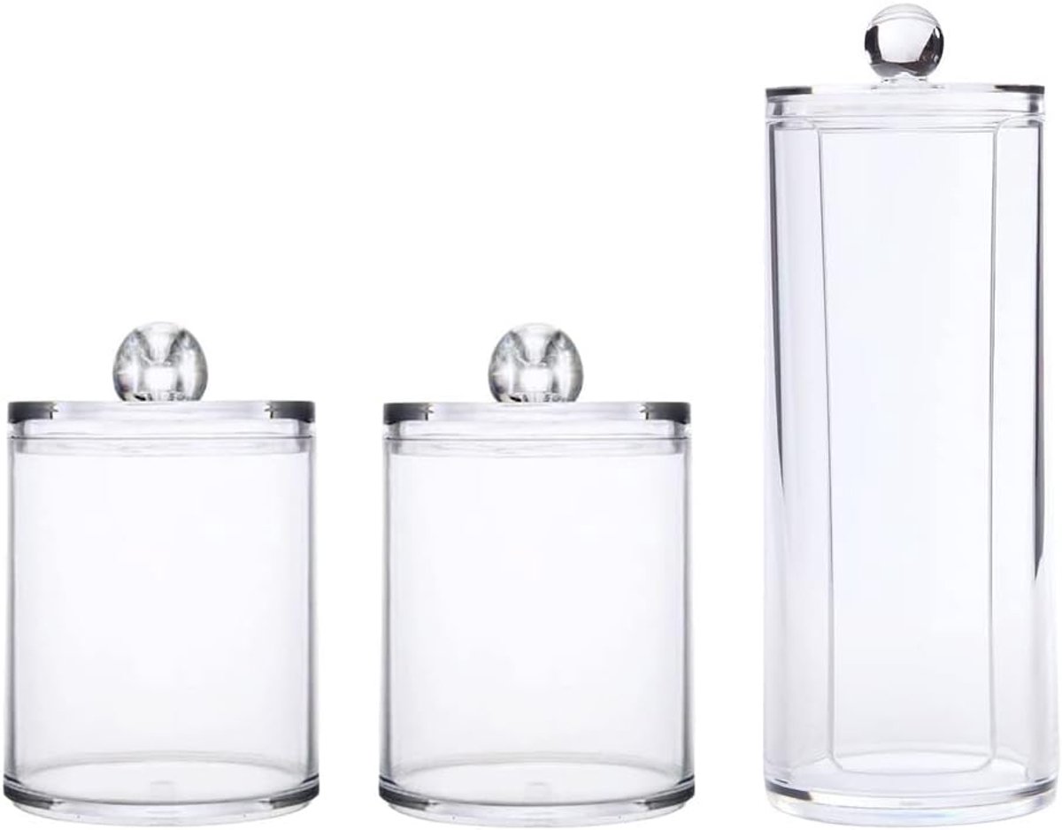 dispenser, 3 stuks, katoenen doos, staafjes, opbergpotten, make-up organizer van acryl, voor wattenstaafjes en katoenen tampons, transparant, 19 x 6,7 cm/11 x 7 cm, Transparant,