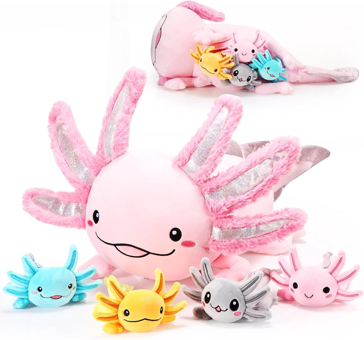 Axolotl pluche dierenset, 5 stuks, 60 cm, mama-knuffeldier met 4 schattige pluche baby's in de buik, zacht pluizig knuffeldier voor jongens en meisjes, feestcadeau