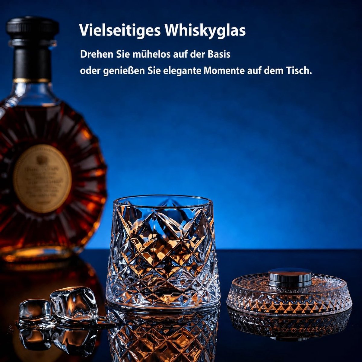 Spinning Whiskyglazen, set van 2, 280 ml, kristallen rotsglazen met 360° draaibare basis en ijsbalvormen, ouderwetse bekers in reliëf voor whisky, bourbon en cocktails