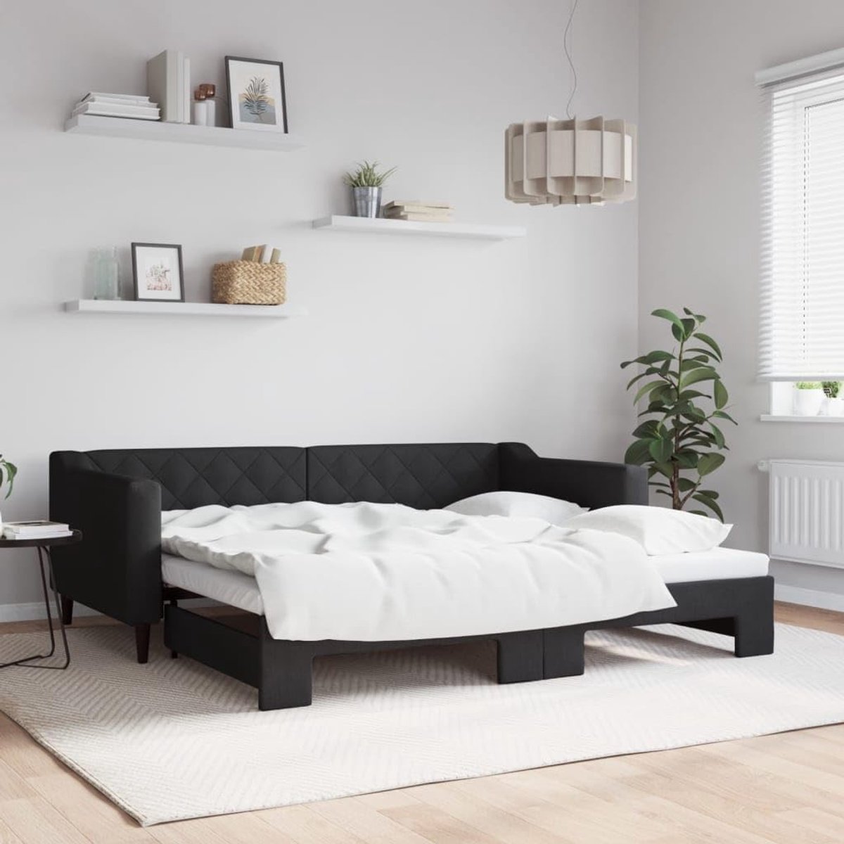 2 in 1 stoffen slaapbank met onderschuifbed modern zwart 90x190 cm