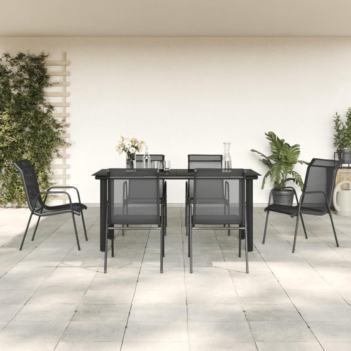 7-delige tuin-eetgroep, zwart staal en textiel, terrasmeubelset, tuingarnituur, eetgroep, voor tuin, terras, balkon, 3200695