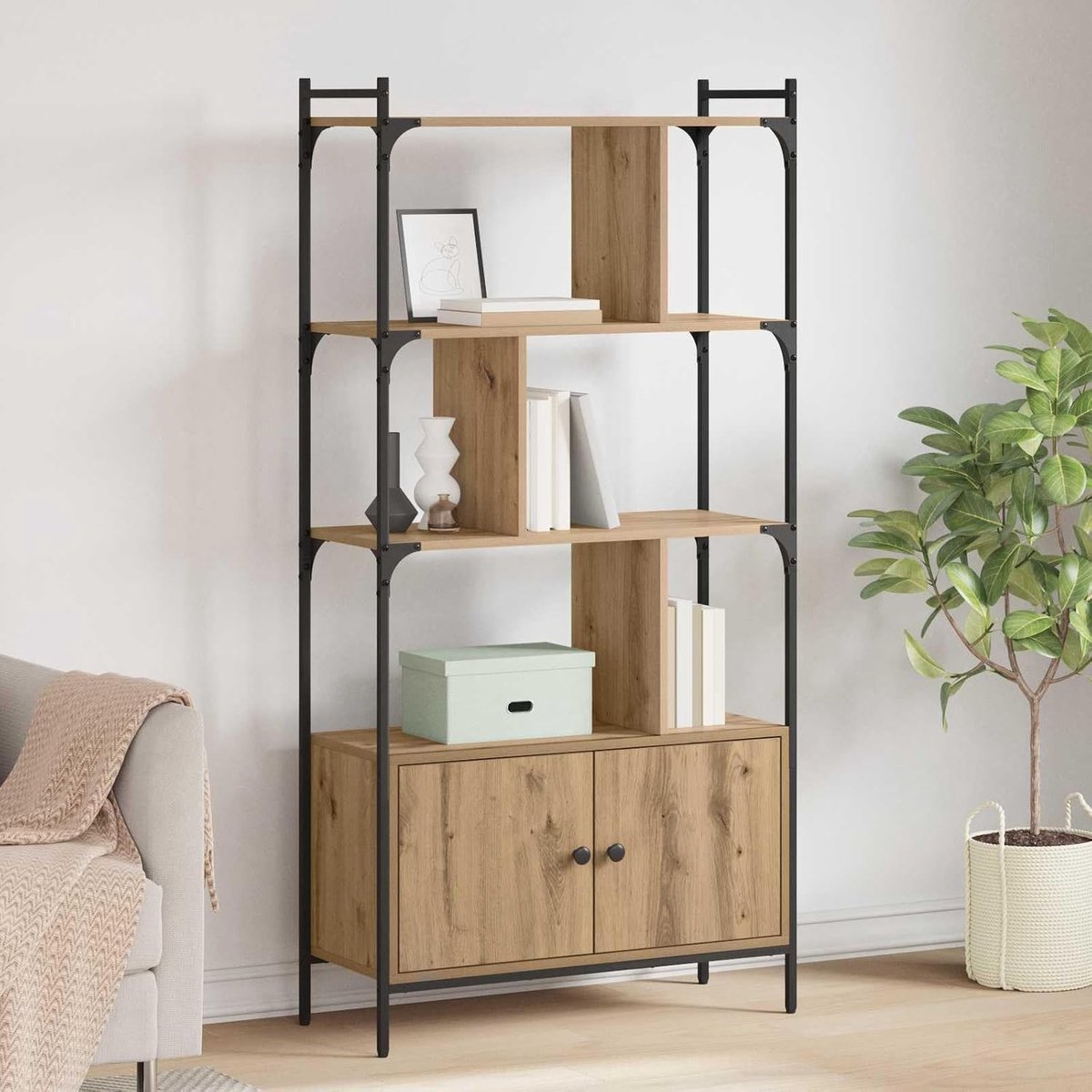Boekenkast 6 niveaus 76,5 x 30 x 154,5 cm houtmateriaal met deuren