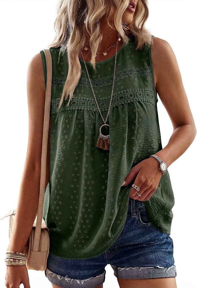 Mouwloze Top met Ronde Hals Boho Stijl Elegante Zomer Tank Top Kant Casual Geplooide Luchtige Losse Tuniek Tops
