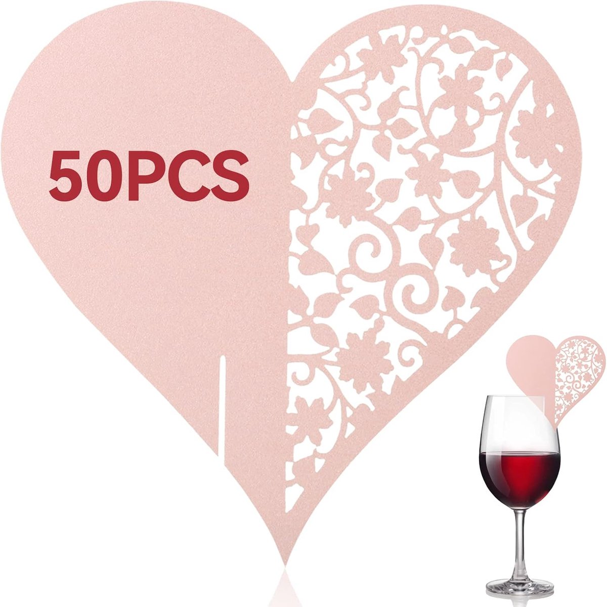 50 stuks plaatskaarten, hartvorm tafelkaart voor wijnglas, bruiloft, tafel, etentjes, zitkaarten(Roze)