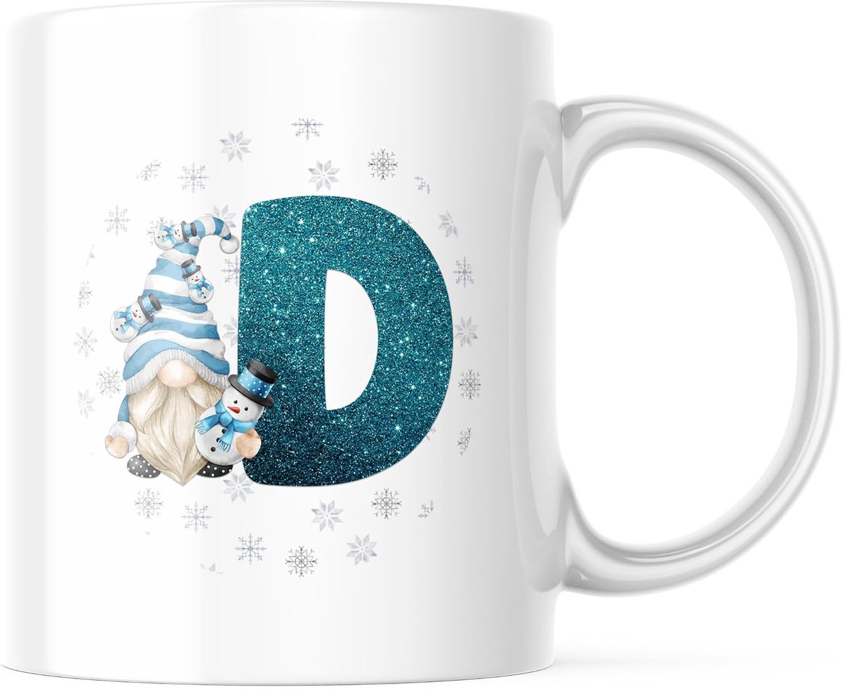 Letter D Winter Kabouter Mok, Initiaal D Koffiekop, Gepersonaliseerde Sneeuwvlokken Kop, Kerstcadeau, Gepersonaliseerde Drinkbeker