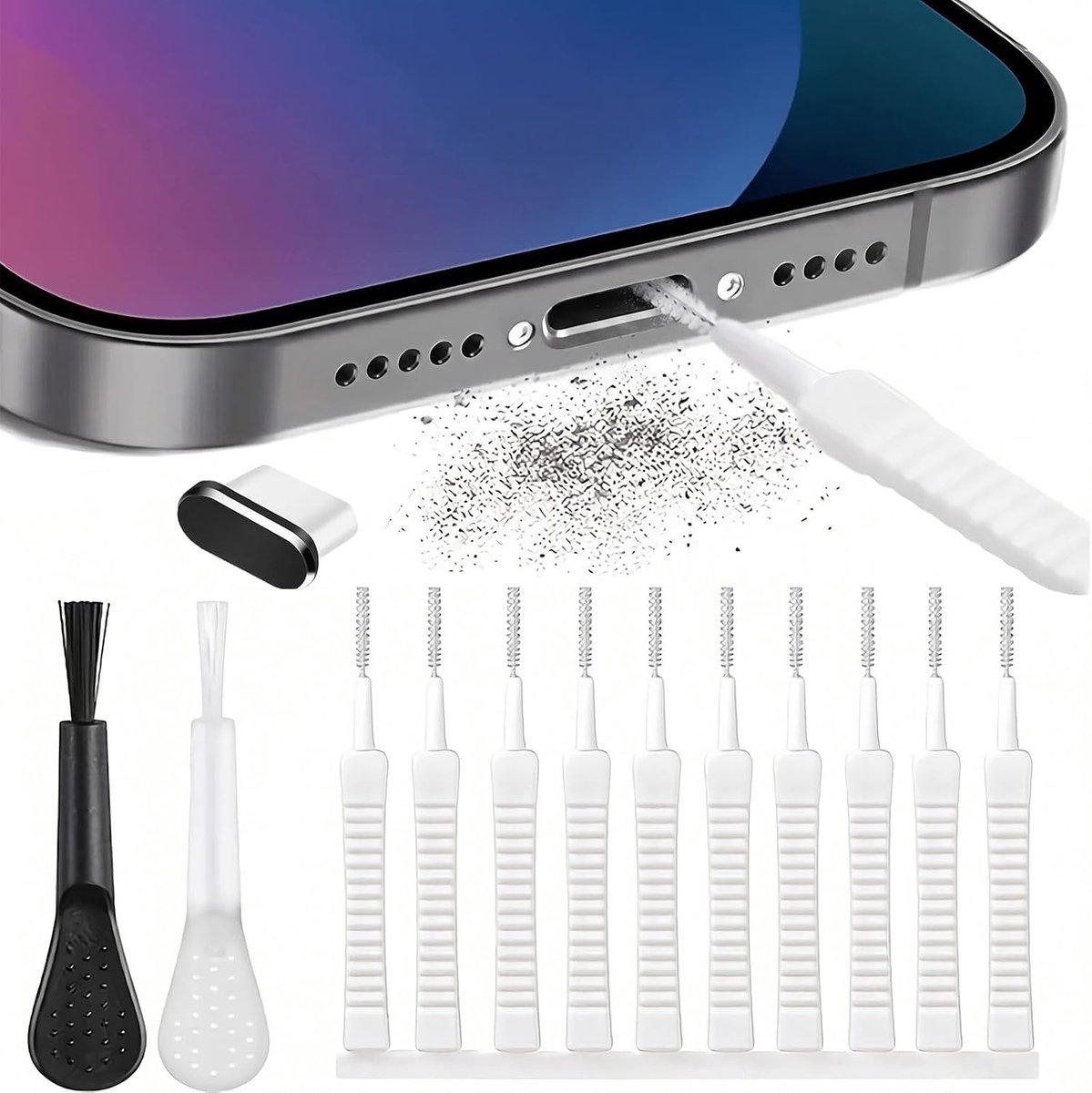 26-delige reinigingsset voor iPhone 15/16/17, reinigingsset met 24 borstels en 2 stofkappen USB C, reinigingsgereedschap voor smartphone, hoofdtelefoon en luidspreker