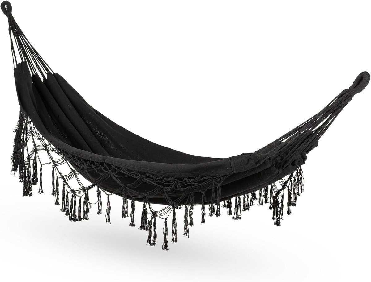 Hangmat 200 x 150 cm, tot 200 kg, outdoor dubbele hangmat voor 1-2 personen, van katoen in boho-stijl voor tuin, balkon, terras, ademende hangmat voor volwassenen, zwart