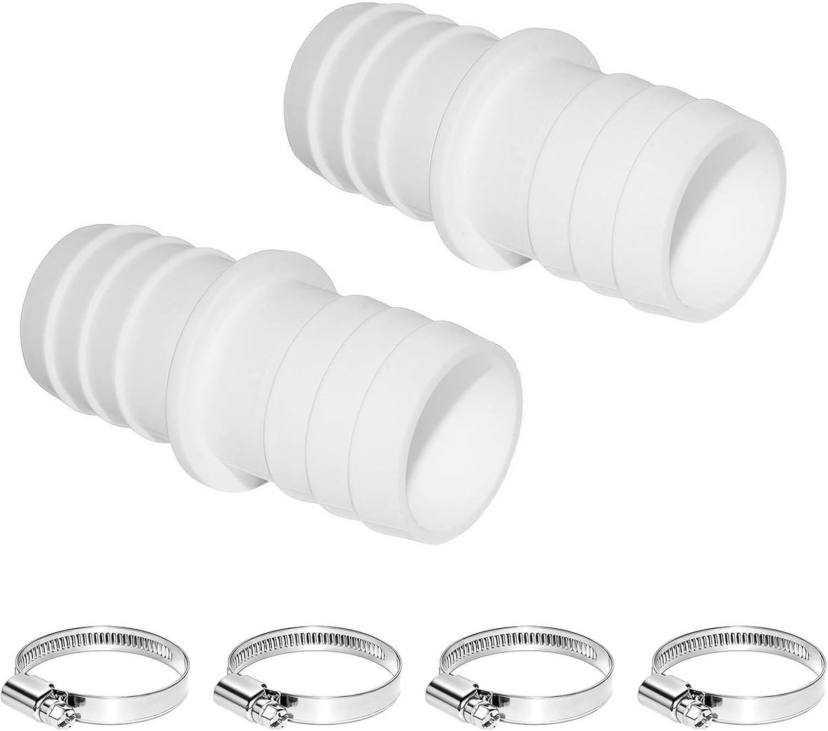 2 Zwembadslangkoppelingen 38 mm met 4 RVS Slangklemmen, Tuinslangkoppeling en Adapter voor Zwembadstofzuiger, Slangkoppelingen voor Filtratie, Reiniging en Watercirculatie