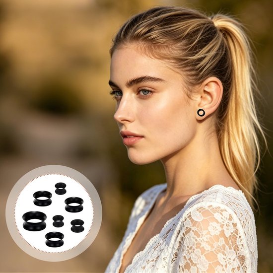 20-delige Silicone Oor Stretcherset - Flexibele Flesh Tunnels, 10 Maten 4mm-20mm Oor Dilators, Zwarte Double-Flared Oorpiercing Set voor Dames en Heren — afbeelding 3