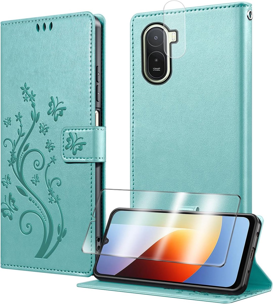 Beschermhoes voor Xiaomi Redmi A7 Pro, beschermhoes met 1 gehard glas en 1 lensbescherming voor camera in boekstijl, van leer, kaarthouder, magneetsluiting, groen