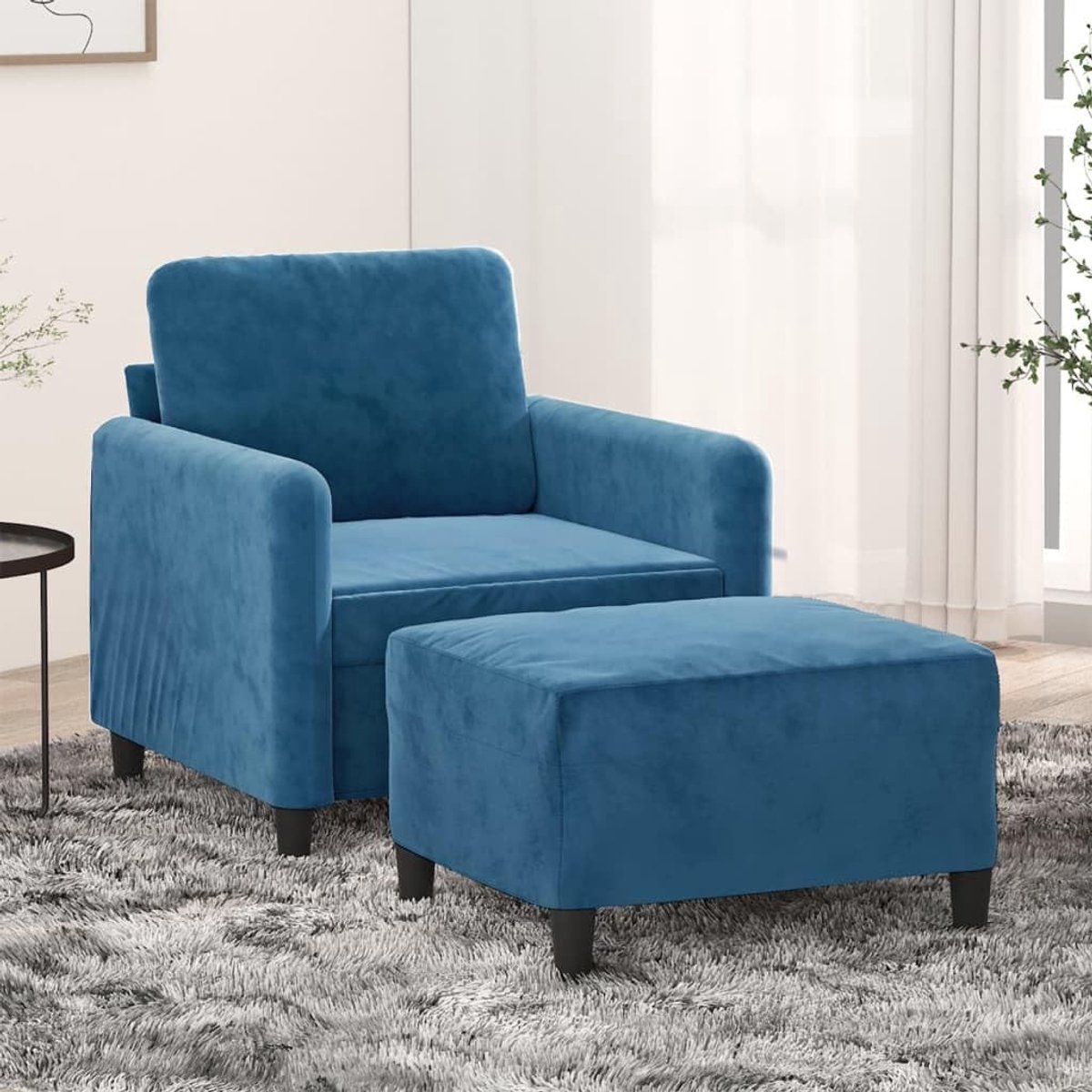 Fauteuil met poef, blauw, 60 cm, fluweel, modern design voor de woonkamer, comfortabele bekleding en robuust frame van multiplex, metaal, veelzijdige voetenbank om te ontspannen te lezen