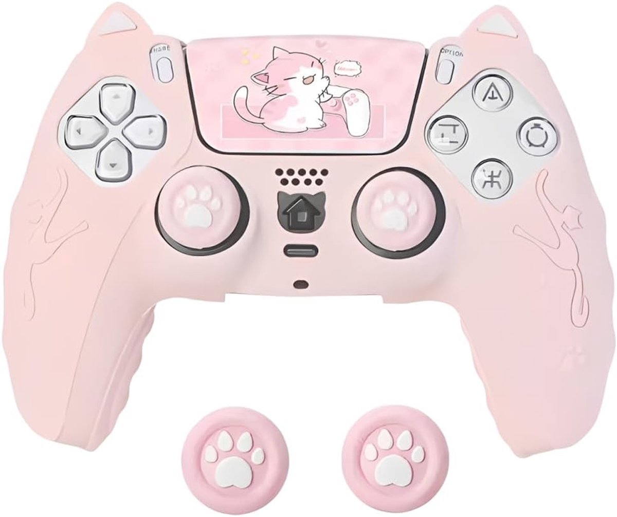 Hoes voor PS5-controller, roze kattenpoot, PS5-controller, skin grips, set, antislip siliconen beschermhoes, case, joystick-doppen, stootvast, gamepad skin beschermhoes, voor PS5 draadloze controller