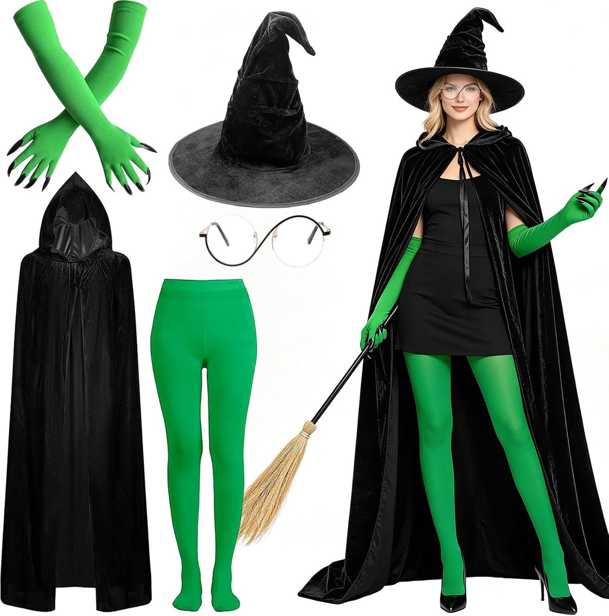 Halloween heksenkostuum dames, 6 stuks heksenkostuum dames, groene handschoenen klauwen, dijhoge kousen, voor carnaval, Halloween, cosplay jurk