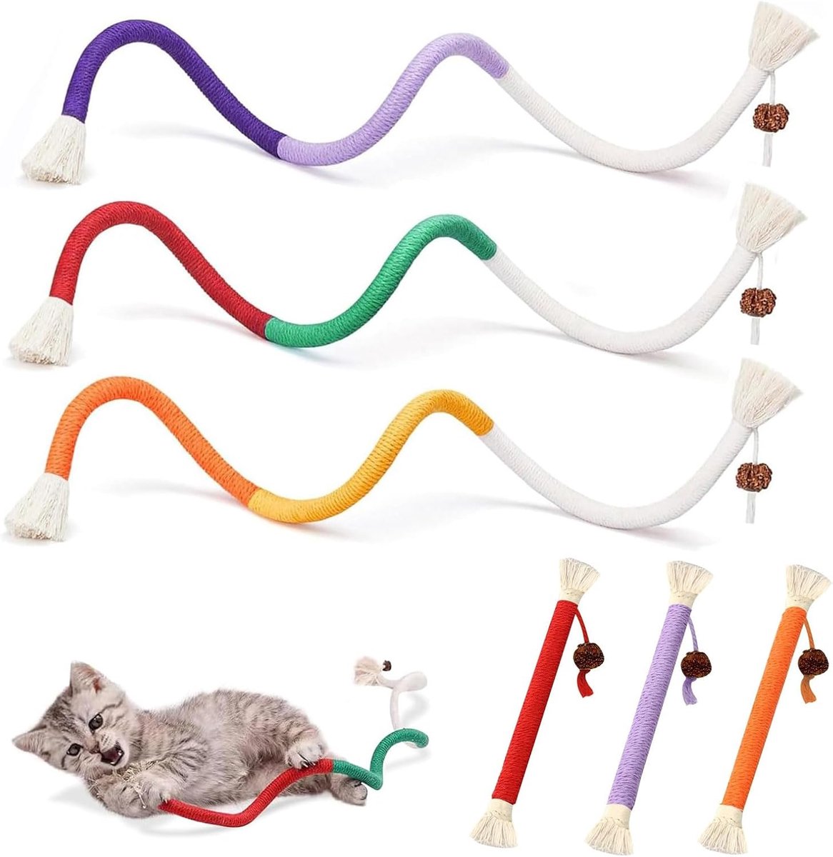 6 Stuks Kattenkruid Speelgoed Bijttouw - Interactief Kauwspeelgoed voor Katten, Bevordert Tanden Schoonmaken en Stressverlichting - Ideaal voor Binnenkatten,tandreiniging