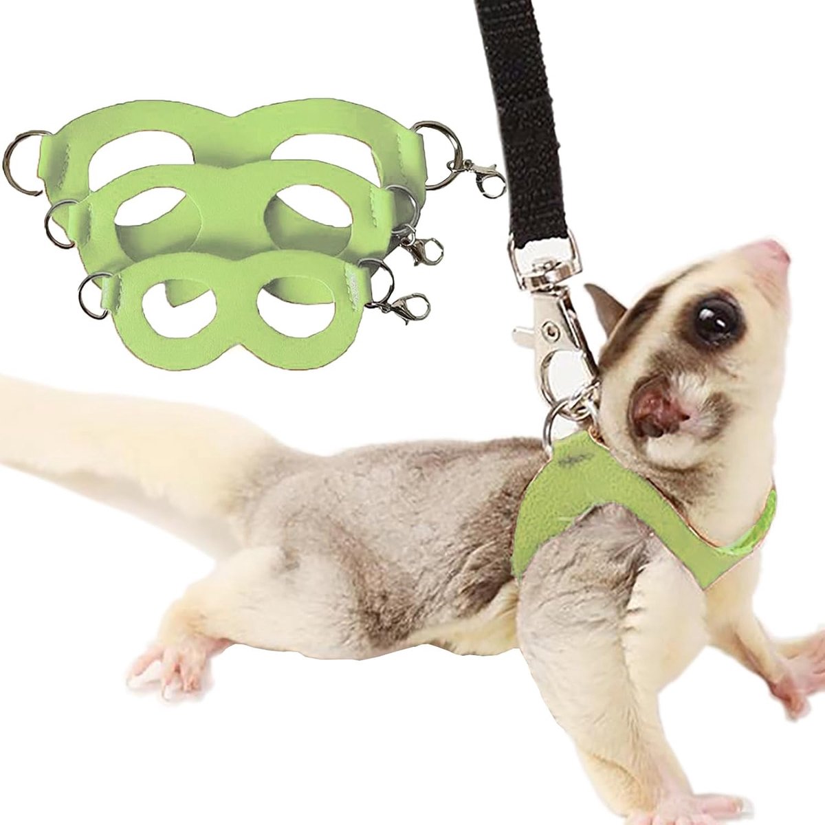 3 verpakkingen Sugar Glider harnas en riem voor hondentraining en wandelingen voor kleine dieren, ideaal voor eekhoorns, hamsters en ratten, groen