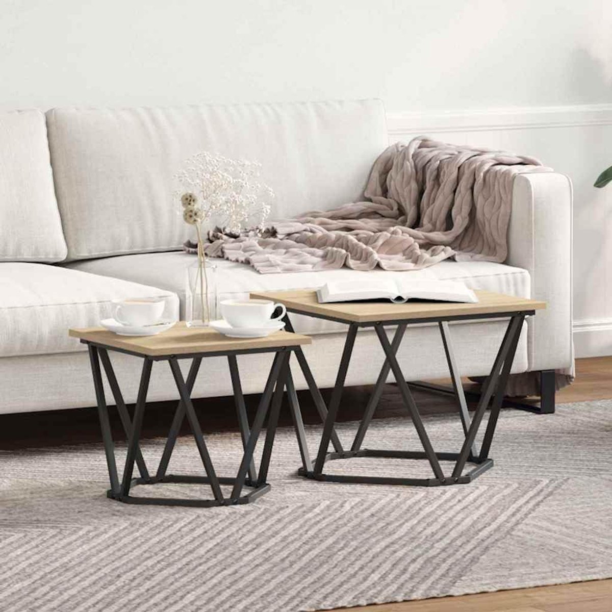 Staal 2 stuks vierkante tafels Sonoma eiken hout modern design woonkamer set staal
