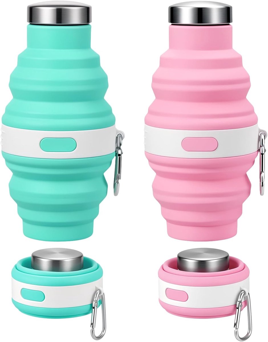 Drinkbeker van siliconen, 2 stuks, 475 ml, opvouwbare drinkfles met karabijnhaak, zachte drinkfles van siliconen, waterdicht en schokbestendig, ideaal voor reizen, kamperen