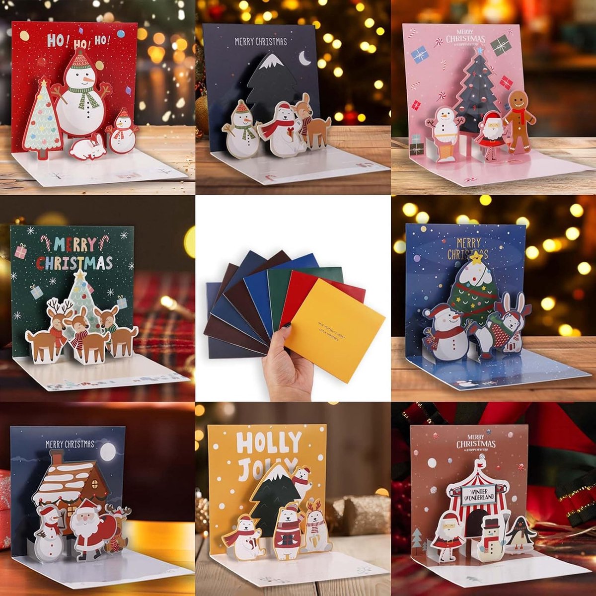 8 stuks 3D kerstkaarten, pop-up kaart, Kerstmis set met envelop en sticker, grappige 3D wenskaarten kerstmis, peperkoekmannetje, Santa, voor familie en vrienden