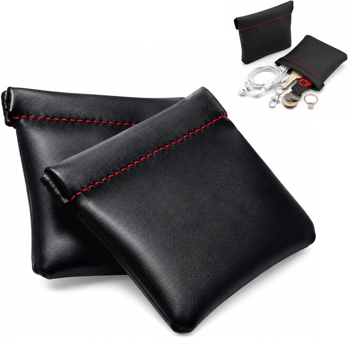 2 Stuks Oortelefoonzakje PU-leer Zwart Automatische Elastische Sluiting Draagbare Oordopjes Opbergtas voor Muntsleutel USB-drive Sieraden