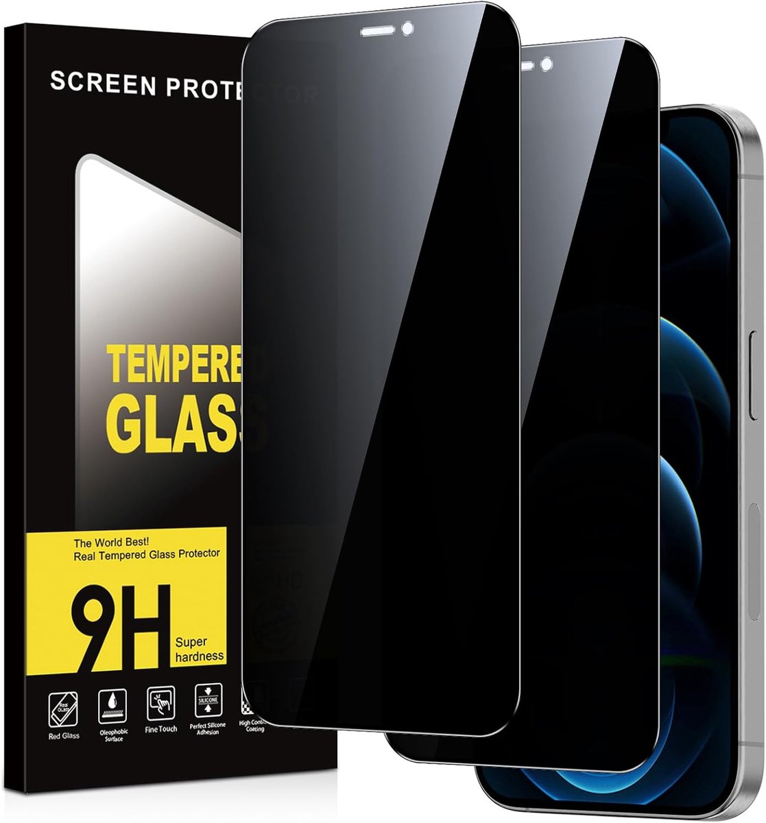 Inkijkbescherming voor iPhone 12 Pro Max, 2 stuks, anti-spionage-hardheid, krasbestendig, luchtbelvrij, privacy-screenprotector