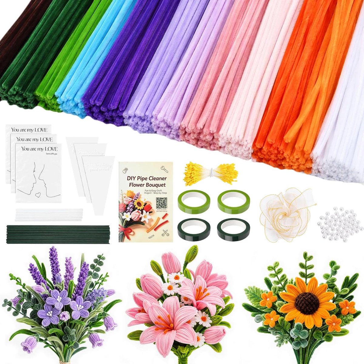 pijpenreinigers, 500/800 stuks, chenilledraad voor tulpenboeketten en decoraties om te knutselen