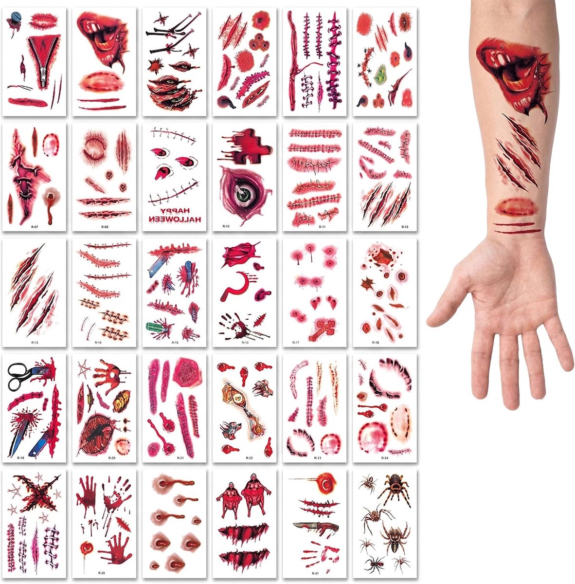 30 stuks rode littekentatoeages, zombie-gezichtstatoeages met nepbloed, Halloween-zombie-littekentatoeages, make-up voor Halloween, carnaval en kostuumfeesten, voor volwassenen