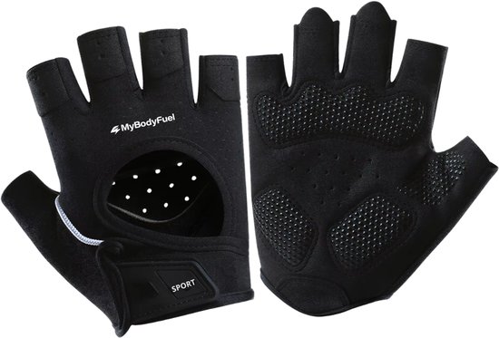 Zwarte fietshandschoenen, van voren en achteren. Met ventilatiegaten en antislip.