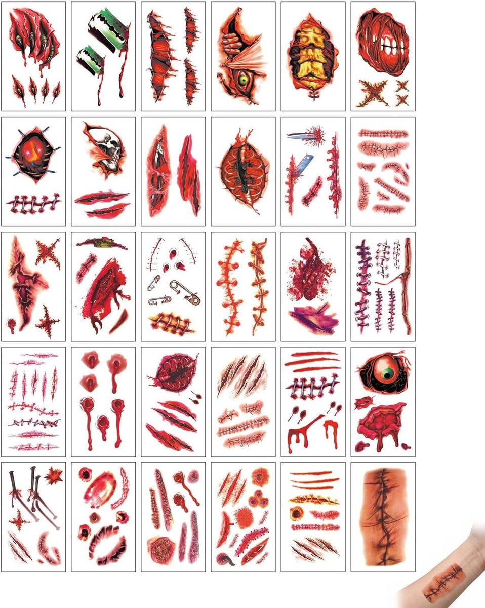 30 vellen Halloween tatoeages littekens wonden nepbloed zombie make-up gezichtsdecoratie griezelige accessoires voor kostuums en make-up