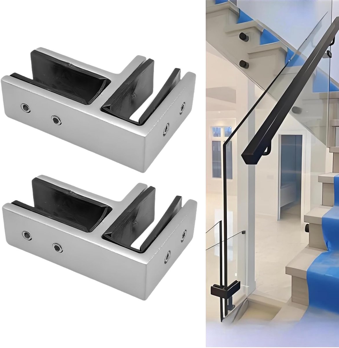 Klem voor glazen hek van roestvrij staal 304 – bevestiging van glas voor trapleuningen – glazen balustrade voor balkon, tuin, terras (90° – kleur INOX) voor glas 10-12 mm
